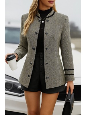 Martcini Kadın Uzun Kollu Hakim Yaka Düğme Detaylı Mini Dokuma Ceket