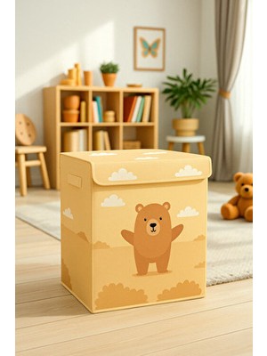 PH Prendi Home Küçük Ayı Çok Amaçlı Kapaklı Oyuncak Çamaşır Saklama Kutusu Katlanır Düzenleyici 30X40X50