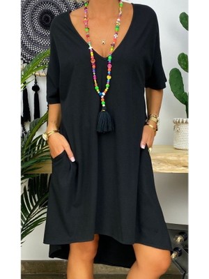 Martcini Kadın Kısa Kollu V Yaka Cepli Bürümcük Salaş Elbise