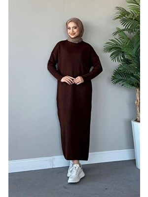 Şule Giyim Fitilli Triko Elbise Kadın Kışlık Uzun Kol Regular Kalıp Şıklığıyla Kahverengi