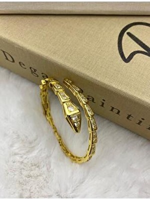 Hedef Bijuteri Gold Renk Yılan Model Tasarım Kelepçe Bileklik Zirkon Taşlı Pirinç Malzeme