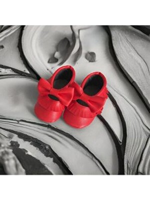 My Minie Kız Bebek Makosen Ayakkabı, Ilk Adım Ayakkabısı, Kırmızı, Fiyonklu, Püsküllü (Patik)
