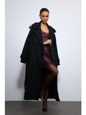 Antioch Siyah Oversize Kemerli Kaban