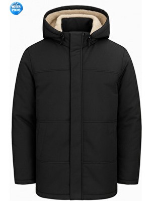 Freemen Erkek Siyah Polarlı Kürklü Çıkma Kapüşon Su ve Rüzgar Geçirmez Kapüşonlu Kışlık Mont & Kaban & Parka
