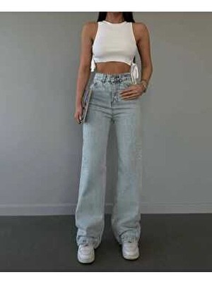 Trn JNS Loiss Buz Kar Mavi Likralı Süper Yüksek Bel Salaş Jeans Palazzo Pantolon. (Süper Yüksek)