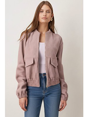 Armonika Kadın Bej Cepli Kolları ve Beli Lastikli Bomber Kaşe Mont ARM-26K001027
