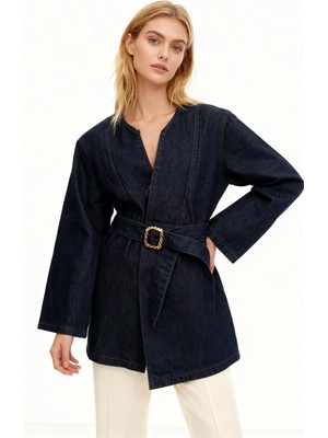 Rays Lacivert Kürklü Yakalı Manşetli Kemerli Jean Kadın Ceket 0083