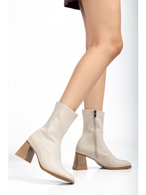 Zerenyus ZRİN-033 Premium Bej Topuklu Fermuarlı Kadın Bot