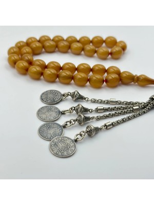 925 Ayar Dört Osmanlı Dönemi Sallantılı Buğulu Hamur Sıkma Kehribar Tespih