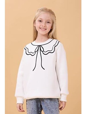 Perendi Kız Çocuk Bisiklet Yaka Baskılı Şardonlu Kışlık Sweatshirt - Ekru