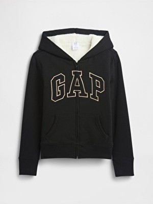 Gap Kız Çocuk Siyah Logo Kapüşonlu Sherpa Fermuarlı Sweatshirt Uzun Kollu Kanguru Cep
