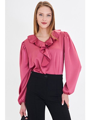 Armonika Kadın Koyu Pembe Yakası Fırfırlı Omuzu Büzgülü Kolu Lastikli Pamuk Saten Bluz ARM-22K001059