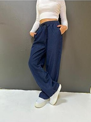 Newco Beli Lastikli Bağlama Detaylı Cepli Denim Bol Paça Pantolon