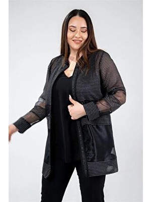Roxxlen 122391 Kadın Büyük Beden Rachel Abiye Bluz Ceket Takım -Gümüş Siyah