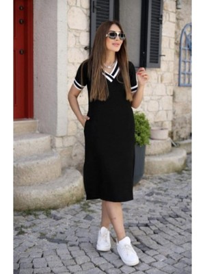 Mossta Kısa Kollu V Yaka Kol ve Yaka Ribana Detay Midi Boy Viskon Elbise Siyah