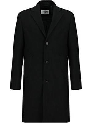 Kiğılı Erkek Regular Fit Yünlü Klasik Kaban Düz Siyah Renkli Uzun Kol Dokuma Malzeme