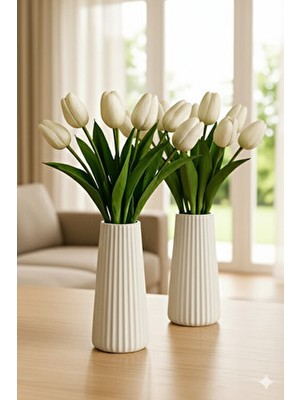 X Home Accessory 2 Limodern Dekorasyon Için Şık Beyaz Çizgili Seramik Çiçek Vazo - Minimalist ve Zarif Vazo Modelleri