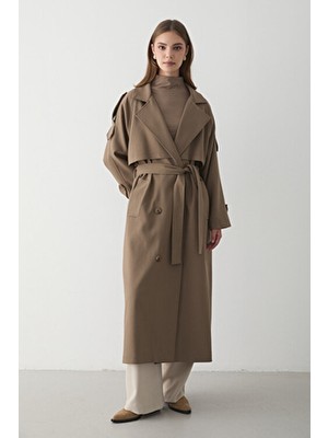 Jaste Kadın Kruvaze Yaka Kuşaklı Uzun Trençkot HAKİ