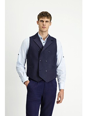 Kiğılı Klasik Kruvaze Yelek Lacivert Renk Erkekler İçin Yünlü Keten Karışımlı Regular Fit