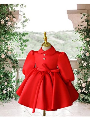 Musgem Kırmızı Yılbaşı Model Kız Çocuk Abiye Elbise Uzun Kol Özel Tasarım Düz Silüet