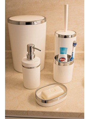 Makri Home 5 Parça Akrilik Banyo Seti, Şık ve Kaliteli Akrilik, Gümüş Renk Detaylı, Beyaz