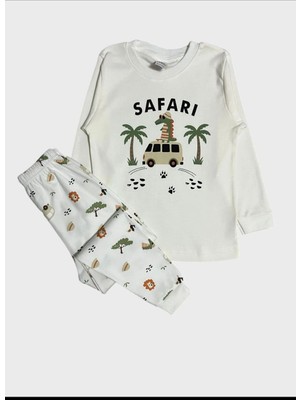Aliş Kids Erkek Çocuk %100 Pamuklu Kumaş Ekru Renk Safari Desenli Uzun Kollu Pijama Takımı