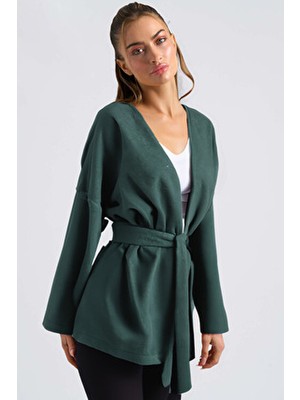 Armonika Kadın Zümrüt V Yaka Kuşaklı Kaşe Kimono ARM-26K001049