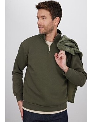 Tudors Unisex Relax Fit Rahat Kesim Pamuklu Içi Polarlı Yarım Fermuarlı Haki Dik Yaka Sweatshirt