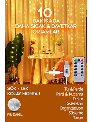 Kenko Kumandalı Perde LED 10 Saçaklı Sarı Lamba 8 Modlu Peri Yılbaşı Işığı Mutfak Işık Dekor Saçak 3x3