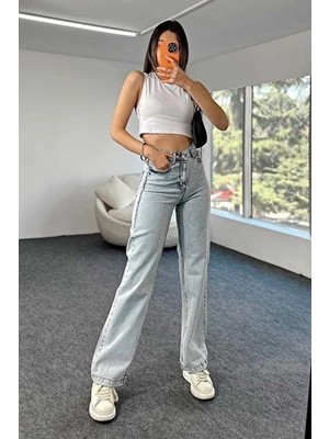 Ramrod Elle Mavi Power Likralı Süper Yüksek Bel Salaş Jeans Palazzo Pantolon (Açık Mavi)