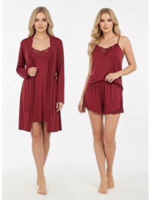 Cherry Queen Bordo Mikro Penye Dantel 4’lü Sabahlık Gecelik Şort Takım – Yumuşak ve Şık