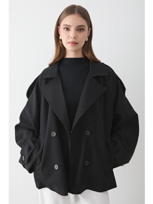 Jaste  Kadın Oversize Kruvaze Yaka Kısa Trençkot SİYAH