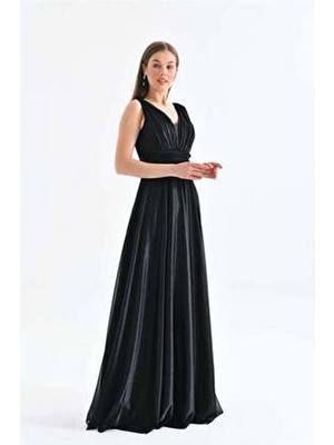 Dip Moda Dipmoda kadın siyah v yaka simli tül abiye elbise DPS9223