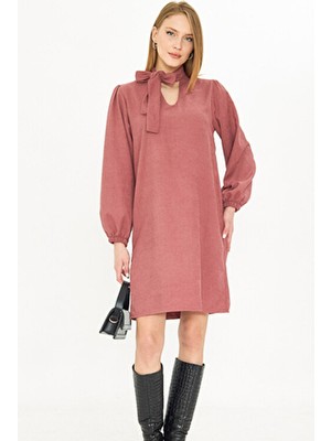 Armonika Kadın Gül Kurusu Yakası Bağlamalı Kolları Lastikli Kadife Elbise ARM-25K001087