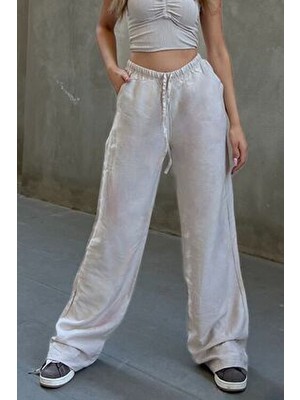 la & vetta Bej Keten Karışımlı Bol Kesim Pantolon
