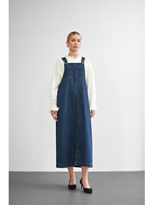 Molly Nelly Kadın Askılı Kot Tulum Salopet Uzun Pamuk Materyal Trend Düz Desenli