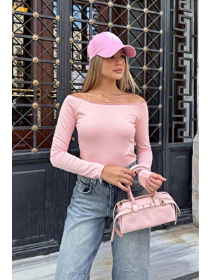 la & vetta Toz Pembe Omuzları Açık Uzun Kollu Bluz