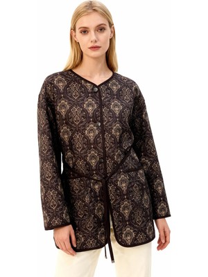 Rays Kahverengi Etnik Desenli Kapitone Bel Bağlamalı Kadın Ceket 3496