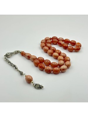 925 Ayar Gümüş Püsküllü Kurt Sallantılı Turuncu Hareli Sıkma Kehribar Tespih