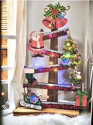 Empressco Renkli Ahşap Çam Ağacı Dekoru, 70CM, Işıklı, Şık Ev ve Ofis Aksesuarı