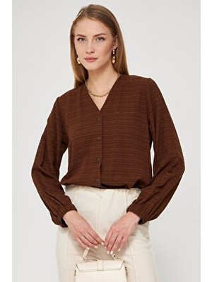 Armonika Kadın Kahve Kolu Lastikli Bürümcük Gömlek ARM-24K001002