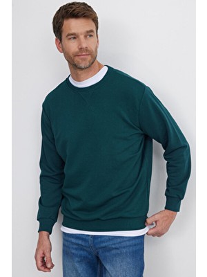 Tudors Unisex Relax Fit Rahat Kesim %100 Pamuk 3 İplik Basic Yeşil Bisiklet Yaka Sweatshirt