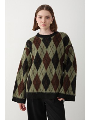 Jaste Kadın Yeşil Oversize Argyle Desenli Triko Kazak