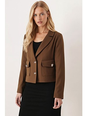 Armonika Kadın Kahve Erkek Yaka Kare Cepli Astarlı Crop Ceket ARM-26K001026
