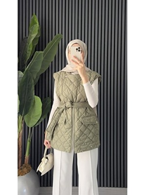 Molly Nelly Kadın Şık Taş Detaylı Astarlı Kapitone Midi Yelek