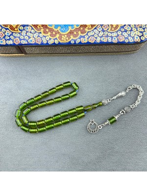 Yeşil Kapsül Model Gümüş Ay Yıldız Püsküllü Alman Sıkma Kehribar Tespih