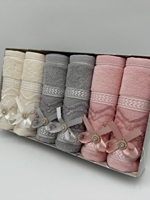 ayhanhome 6'lı Kadife Mutfak Havlusu 30x50 Pamuk Materyalli Fiyonk Taşlı Güpürlü Çeyizlik Set