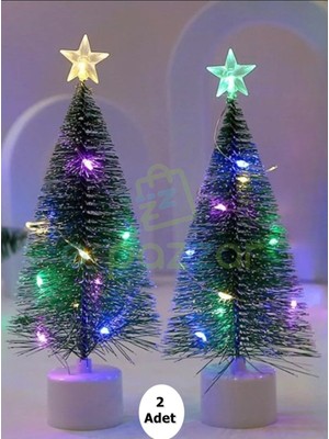 Empressco Iki Adet 17 cm Renkli Işıklı Masaüstü Noel Çam Ağacı, Yeşil, Kar ve Işık Detaylı