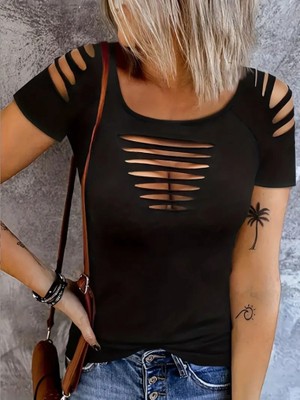 Martcini Kadın Kısa Kollu Omuz ve Göğüs Kesik Detay Viskon Bluz