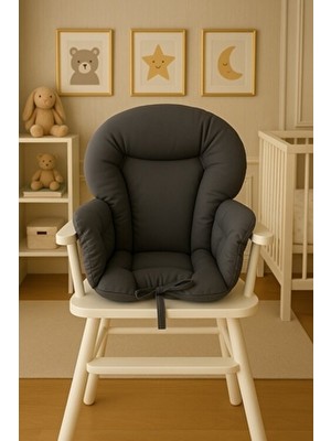 Wenaris Koyu Gri %100 Pamuk Kumaş Çift Taraflı Mama Sandalyesi Minderi 1 - 2 Yaş İçin Kemer Geçme Yerleri